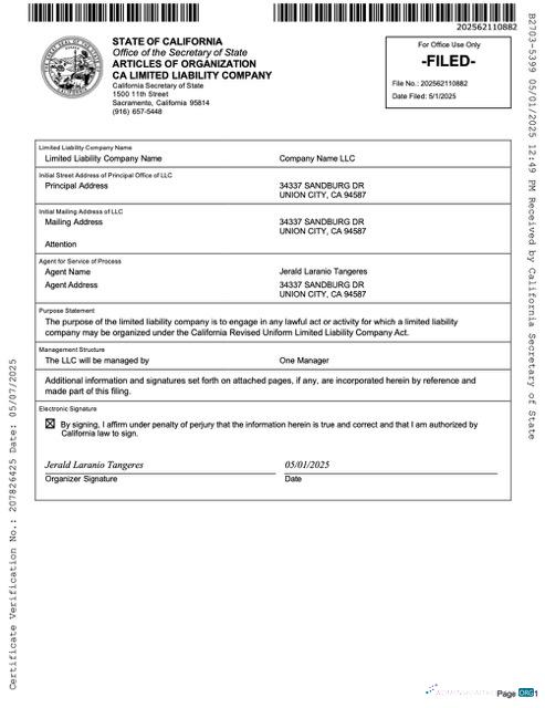 USA California articles of organization limited liability company Word and PDF template